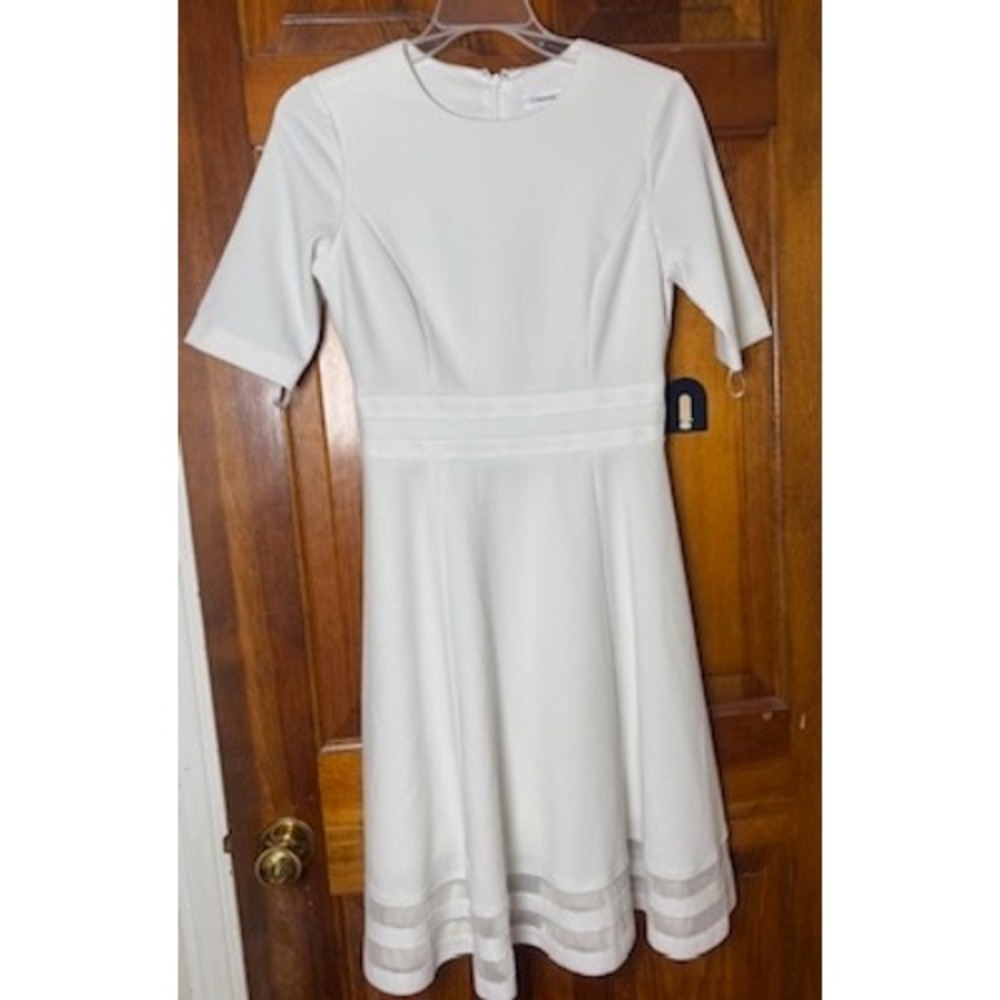 Calvin Klein Fit Flare Dress 2 White Mesh Stripe Mini Summer Baptism Brunch
